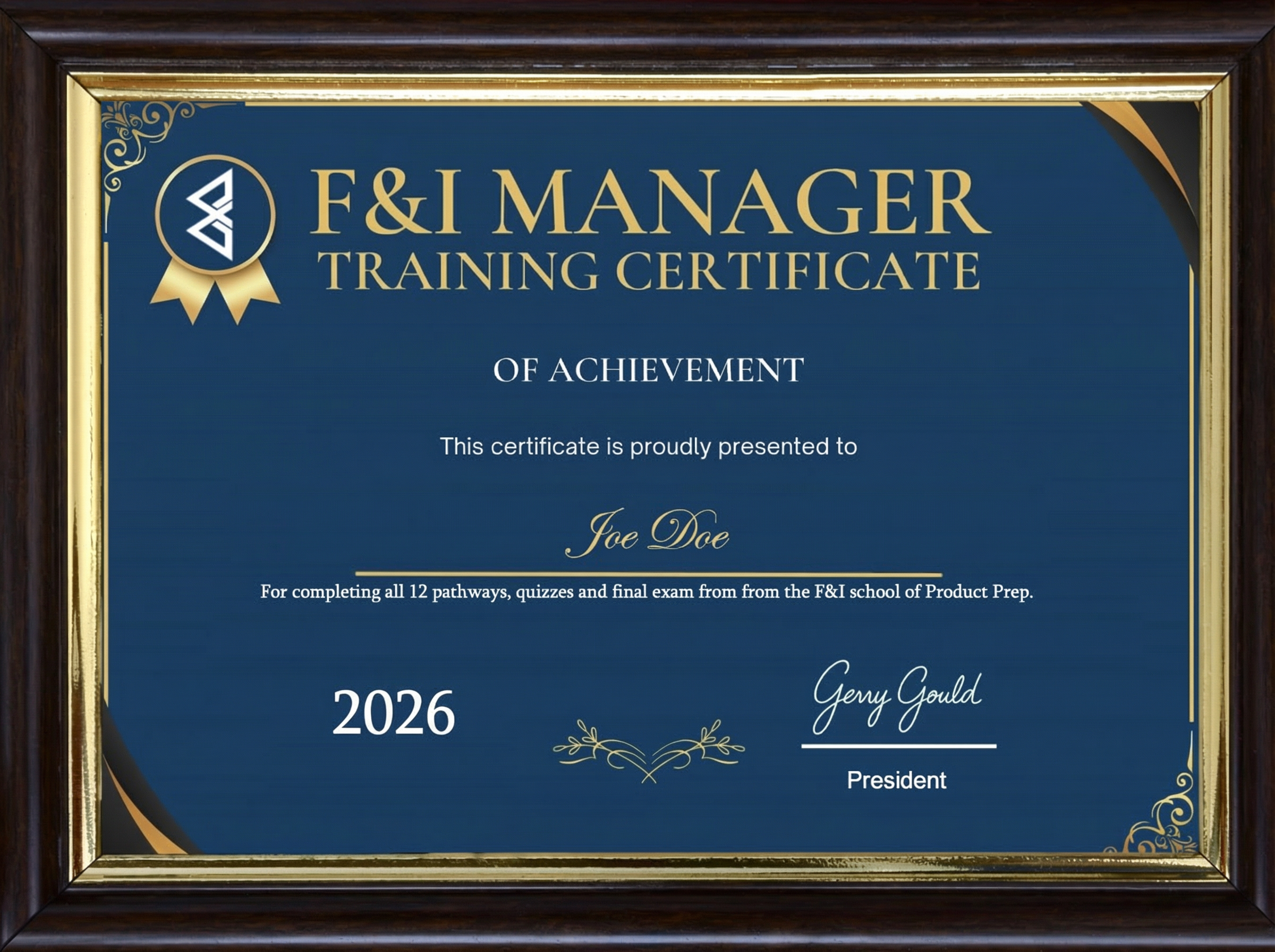 F&I Training Certificate Example