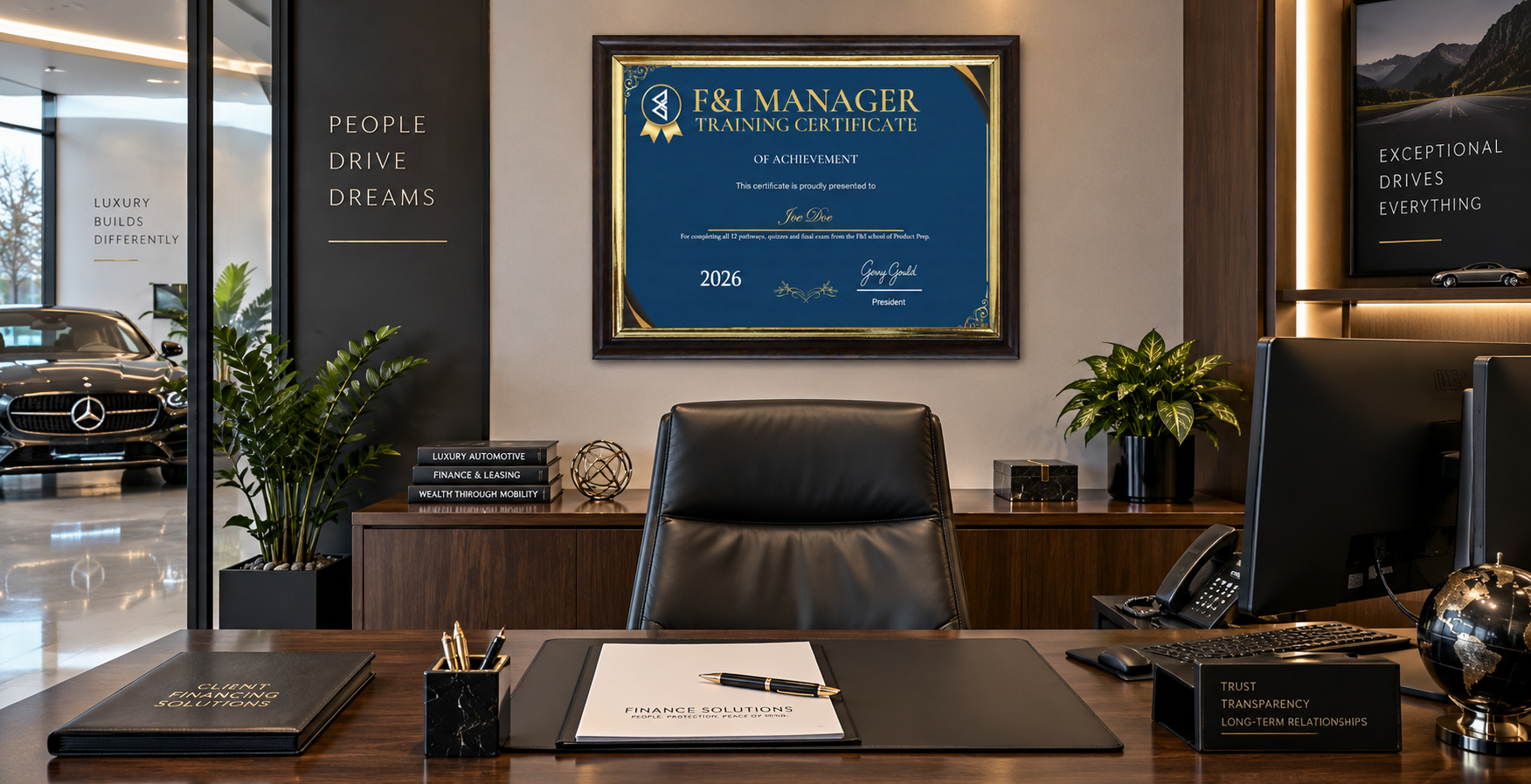 F&I manager office with certification displayed